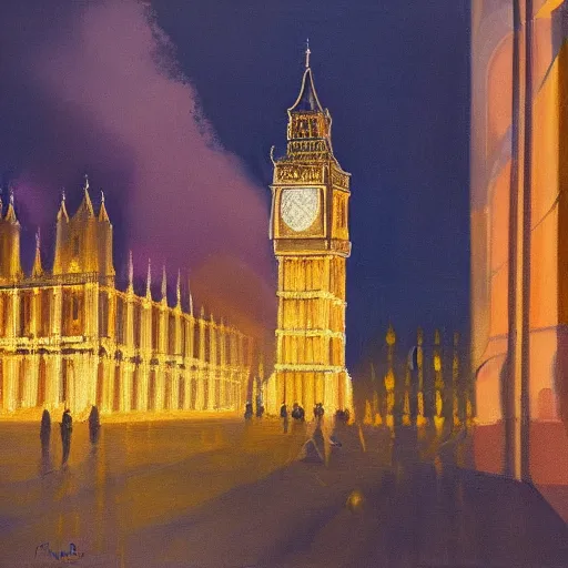 Image similar to detailed, soft, dynamic painting of the Big Ben on fire, professional painting, at dusk