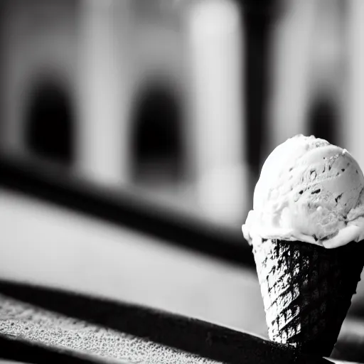 Prompt: a dramatic black-and-white macro photograph of an ice cream cone dressed in formal wear, ready for the banquet. Shallow depth-of-field.