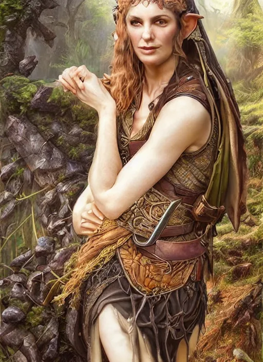 Prompt: a relaxed half elf middle aged druid in a sleeveless west, strong, full body, 8 k, hyperrealistic,, hyperdetailed, fantasy portrait by laura sava