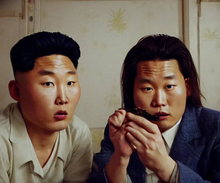 Image similar to hyperralism pineapple express movie still photography of real detailed north korean kim chen with detailed face smoking weed in basement bedroom photography by araki nobuyoshi