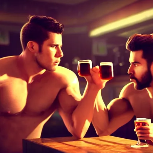 Prompt: cinematic scene with attractive muscular male and another attractive muscular male, drinking their hearts out, in the pub, dramatic, small details, volumetric lighting, still frame