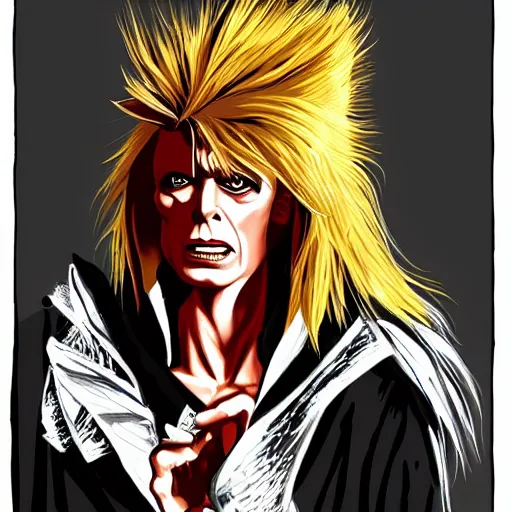 Prompt: david bowie as jareth the goblin king, character art