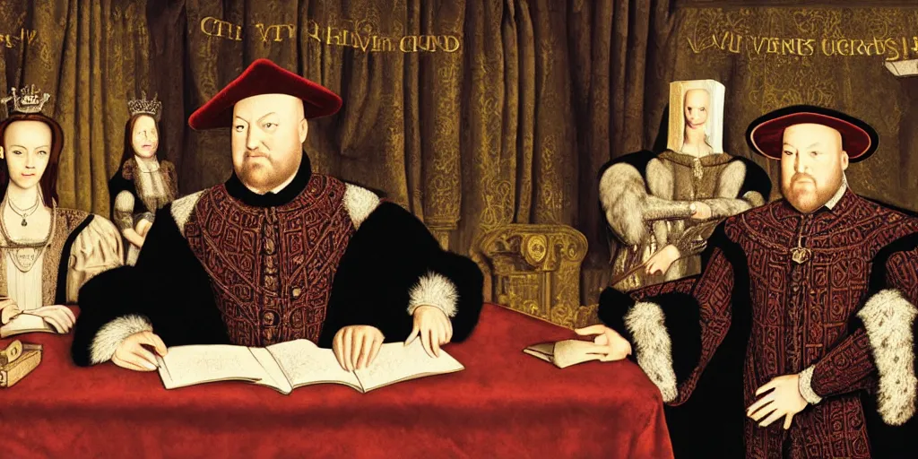 Prompt: Henry VIII, Alan Sugar, Patti Smith playing University Challenge. TV show, clock, photorealistic