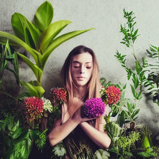 Prompt: a beautiful detailed front view portrait of a woman corpse with plants and flowers growing, volumetric light, beautiful lit photography