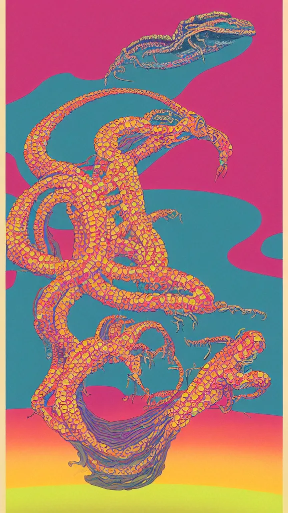 Prompt: a portrait of a lernaean hydra with human heads and psychedelic arms on an acid trip in a multicoloured rainbow in the cosmos, flat design, screen print by Kawase Hasui and dan hillier, 8k unreal engine