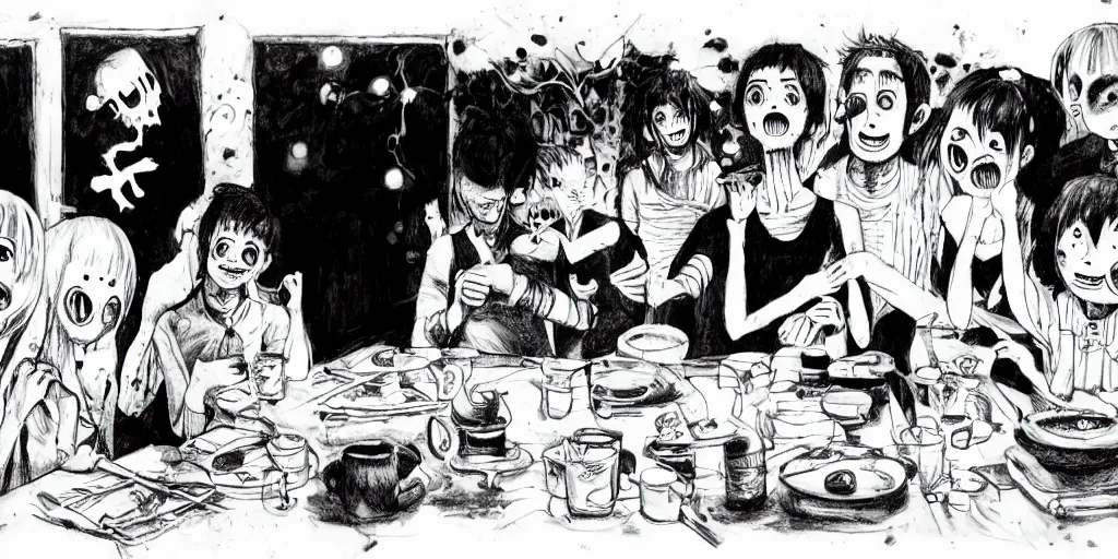 Image similar to A happy family eating dinner, horror, creepy, dark, manga, pencil, inspired by junji ito, superior quality, masterpiece