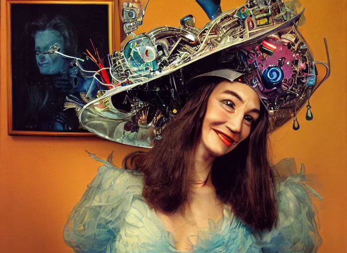 Image similar to a highly detailed beautiful portrait of a cyborg sorceress in a hat, with abs, smiling, by william eggleston, james gurney, james jean