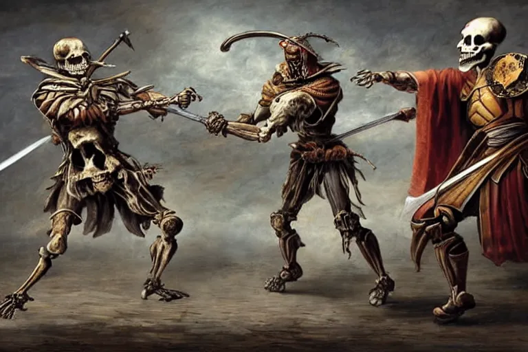 Image similar to man dueling a skeleton warrior with a sword