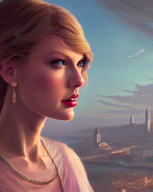 Image similar to portrait of taylor swift as an elegant renaissance goddess, in gta v, stephen bliss, unreal engine, by greg rutkowski, loish, rhads, makoto shinkai and lois van baarle, ilya kuvshinov, rossdraws, global illumination, radiant light, detailed and intricate environment, pastel