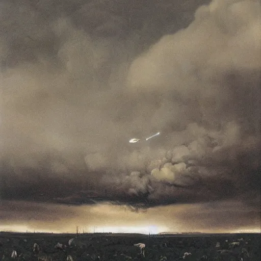 Prompt: clouds and dark smoke at night in a storm strange air animals flying, odd lighting matte oil painting by di fate and alan lee and goya