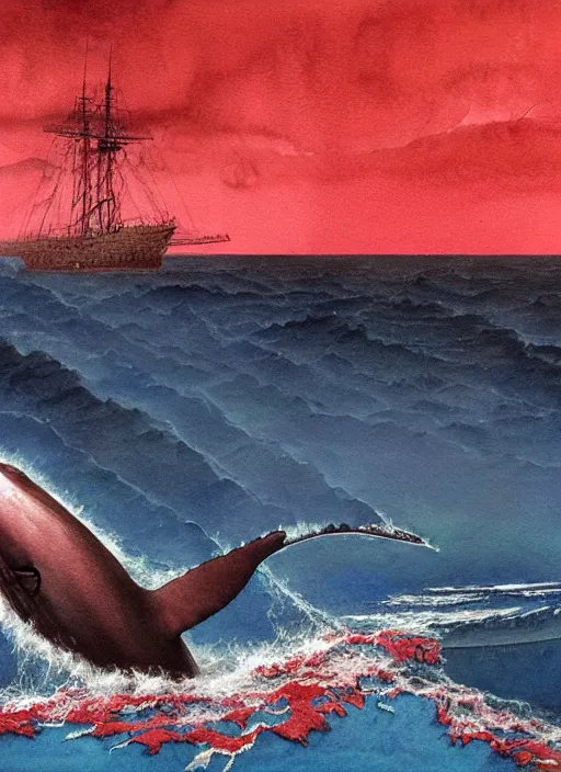 Prompt: a watercolor painting of a whale bleeding on the ocean near a ship, 3 d render, hyper - detailed, dark art, horror art, digital art, realistic painting, smooth effect, part by beksinski, part by carl gustav carus with red blood brushstrokes by swanland raymond.