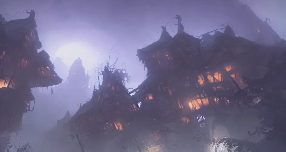 Image similar to big giant ogre troll with a club attacks wooden village houses. Destruction dust and fog. Atmospheric beautiful by Eddie mendoza and Craig Mullins. volumetric lights