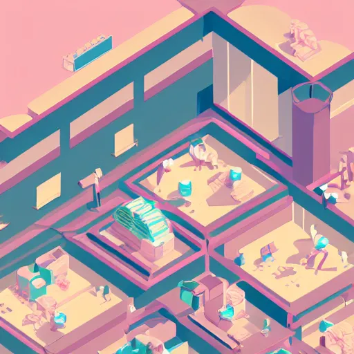 Prompt: Isometric dystopian factory producing anime girls, pastel color, vector art, strong lineart, by Joshua Crower, trending on artstation, 4k