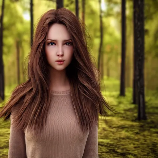 Image similar to real life photo of a beautiful girl, full body photoshoot, long brown hair, brown eyes, full round face, short smile, long sleeved belly free brown shirt, forest setting, cinematic lightning, medium shot, mid - shot, highly detailed, trending on artstation, unreal engine 4 k, 8 0 mm, 8 5 mm, cinematic wallpaper