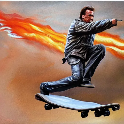 Image similar to A painting Arnold Schwarzenegger from terminator 1984 riding a skateboard smoking cigar, gloomy, action, ambient lighting,