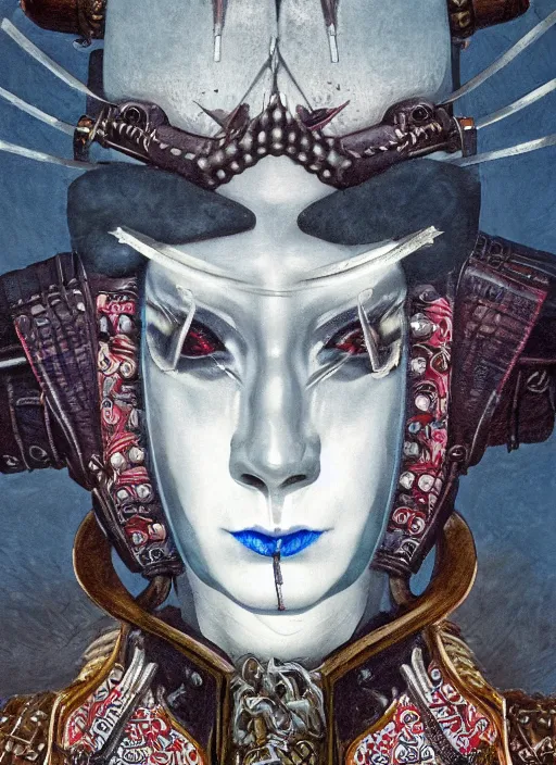 Prompt: symmetry! middle closeup chamber portrait of a biblical diabolical pirate geisha, stylish leather armor, pirate ship, heavy eyes to the side, closeup, bright glowing eyes, in clouds, rain, sunset, by gerald brom, by mikhail vrubel, by peter elson, muted colors, extreme detail, mirrors, trending on artstation, 8 k