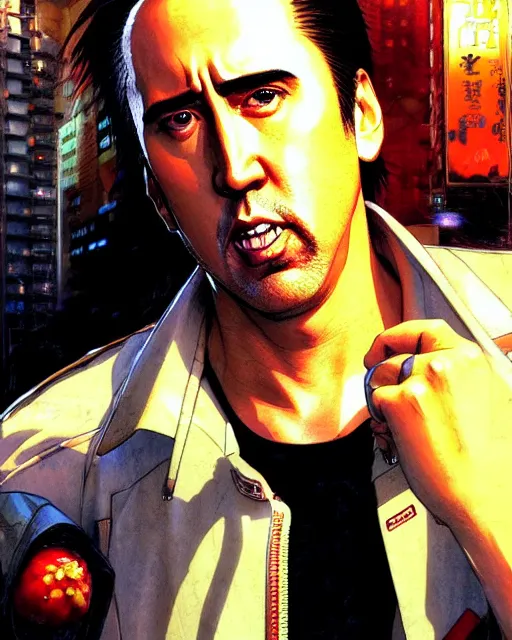 Image similar to portrait Anime Nicholas cage eating burger smoking Sharp fine face, pretty face, realistic shaded Perfect face, fine details. Anime. cyberpunk realistic shaded lighting by katsuhiro otomo ghost-in-the-shell, magali villeneuve, artgerm, rutkowski Jeremy Lipkin and Giuseppe Dangelico Pino and Michael Garmash and Rob Rey