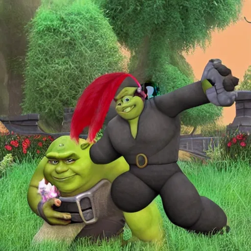 Image similar to a photo of shrek and shadow the hedgehog holding hands in a park