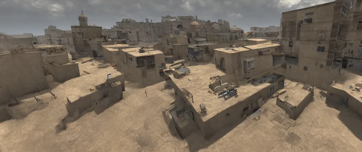 Image similar to a wide shot of dust 2 from Counter Strike: Global Offensive, beautiful, stunning, serene, volumetric light, volumetric clouds, photography, color, intricate, extremely detailed, photorealistic, unreal engine 5