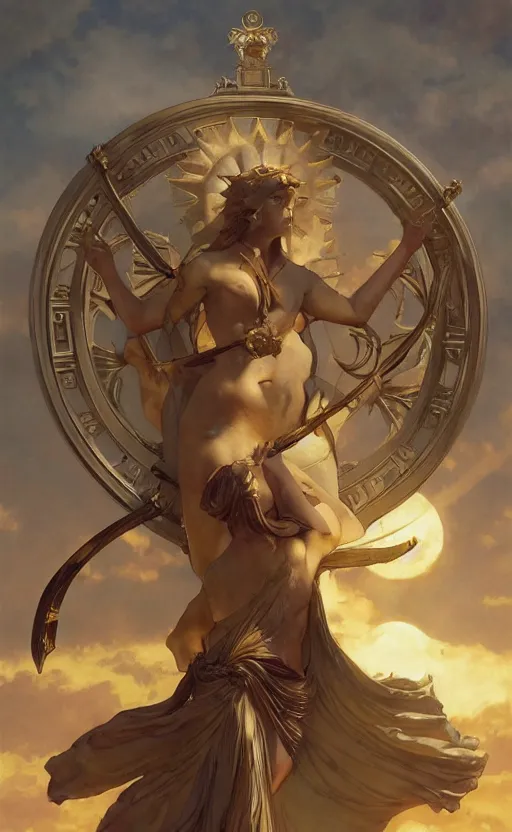 Prompt: solarpunk four armed statue of the goddess of the sun helios descending from olympus, artstation, concept art, smooth, sharp focus, illustration, art by artgerm and greg rutkowski and alphonse mucha and william adolphe bouguereau and john william waterhouse and gianlorenzo bernini