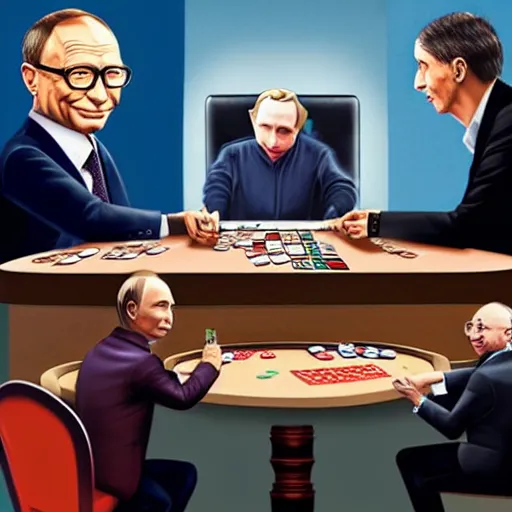 Image similar to UHD photorealistic Bill Gates playing poker with Klaus Schwab and Vladimir Putin, hyperrealistic, correct details, cosmic dynamic lighting, symmetrical faces, accurate faces, in the style of Mike Judge and Todd McFarlane