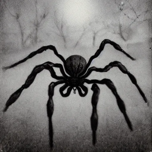 Image similar to horrific grotesque spider in the dark woods, high detailed realistic beksinski style photograph, shot on polaroid