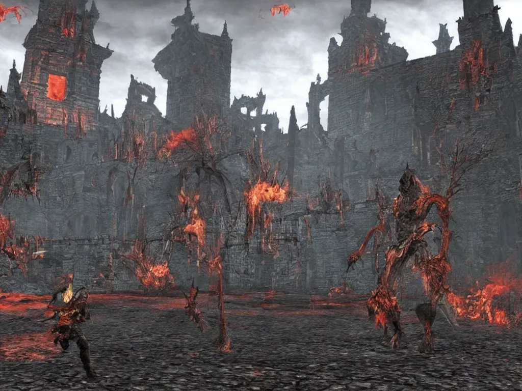 Image similar to Dark Souls Demon Ruins as a PS1 video game landscape