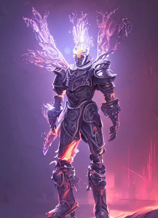 Prompt: a highly detailed illustration of futuristic cyber knight with flaming plume with arm blades, rigid bulky armor, glowing purple line cracks in armor, dramatic standing pose, intricate, elegant, highly detailed, centered, digital painting, artstation, concept art, smooth, sharp focus, league of legends concept art, WLOP