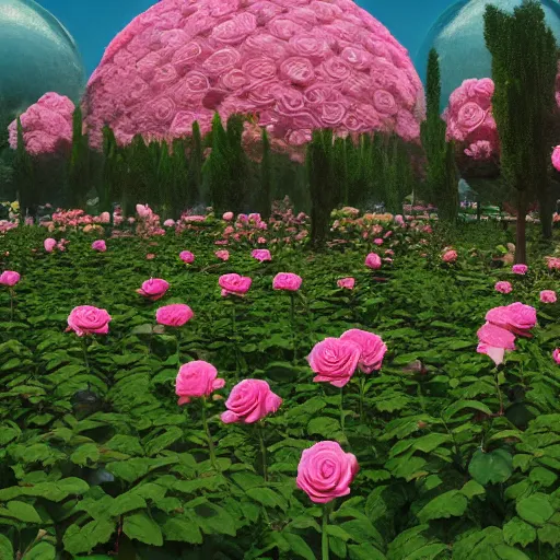 Image similar to a beautiful hyperdetailed matte painting of a rose - garden out of rose - quartz by beeple, digital art, trending on artstation, rectilinear, octane render, hyperrealism.