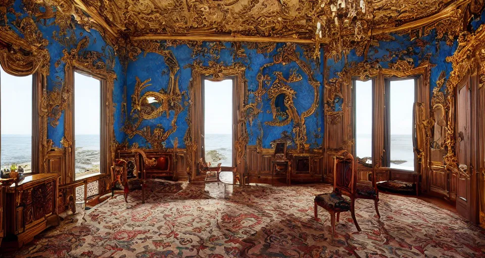 Image similar to view into an ornate baroque room with blue damask walls and dark mahogany floor and window looking out at a view of cliffs and sea