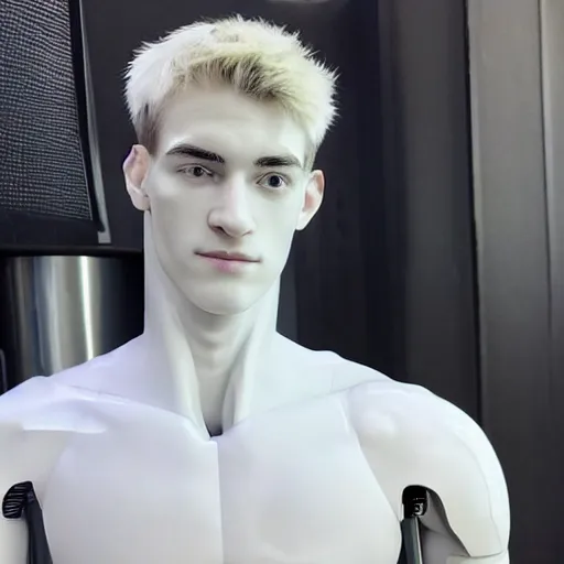 Image similar to “a realistic detailed photo of a guy who is an attractive humanoid who is half robot and half humanoid, who is a male android, twitch streamer Ninja Tyler Blevins, shiny skin, posing like a statue, blank stare”