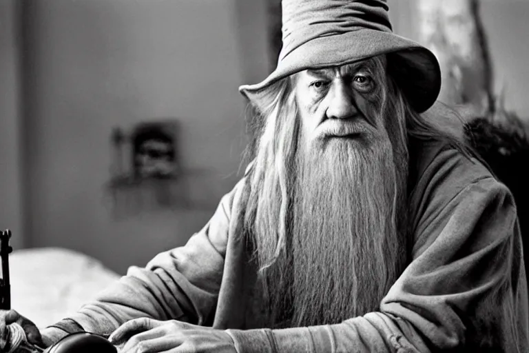 Prompt: gandalf intensely focused playing video games, photo by annie leibovitz