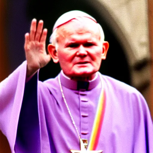 Image similar to John Paul II wearing a lgbt colored robe, nazi salute