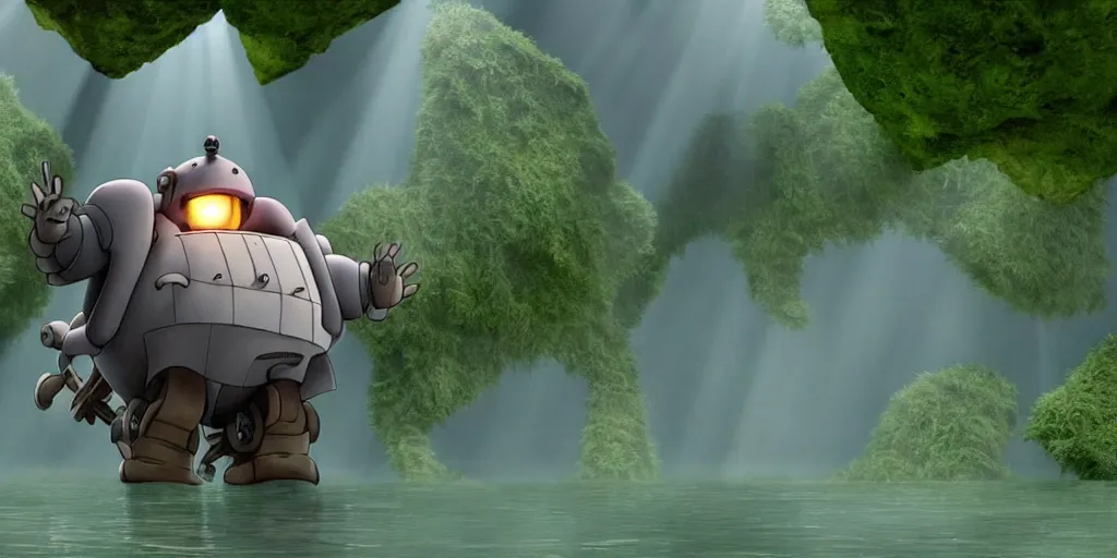 Prompt: a cell - shaded cartoon movie still from howl's moving castle ( 2 0 0 4 ) of a giant mechanical golem lifting a huge stone in a flooded rainforest valley. shafts of sunlight come from above. a ufo is in the sky. wide shot, very dull muted colors, hd, 4 k, hq