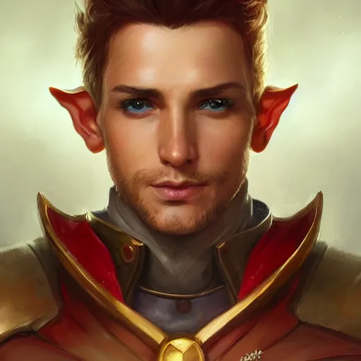 Prompt: male artificer, half-elf, D&D, fantasy, portrait, highly detailed, digital painting, artstation, concept art, sharp focus, illustration, art by artgerm and greg rutkowski and magali villeneuve, red white and gold color scheme