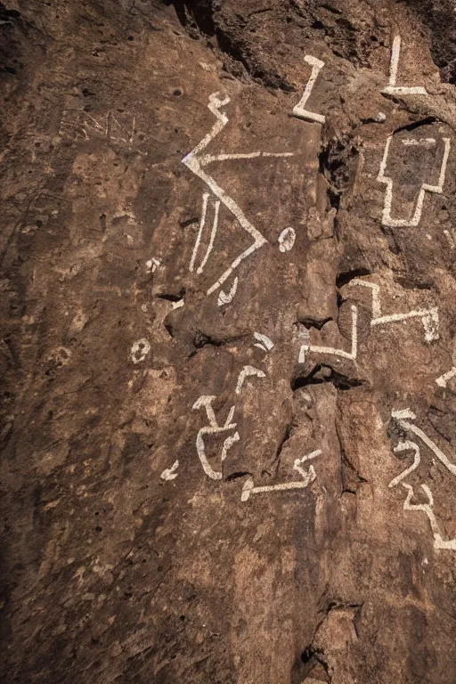 Prompt: 4 k photography of petroglyphs representing crosses, ufo, wifi symbol on a cave
