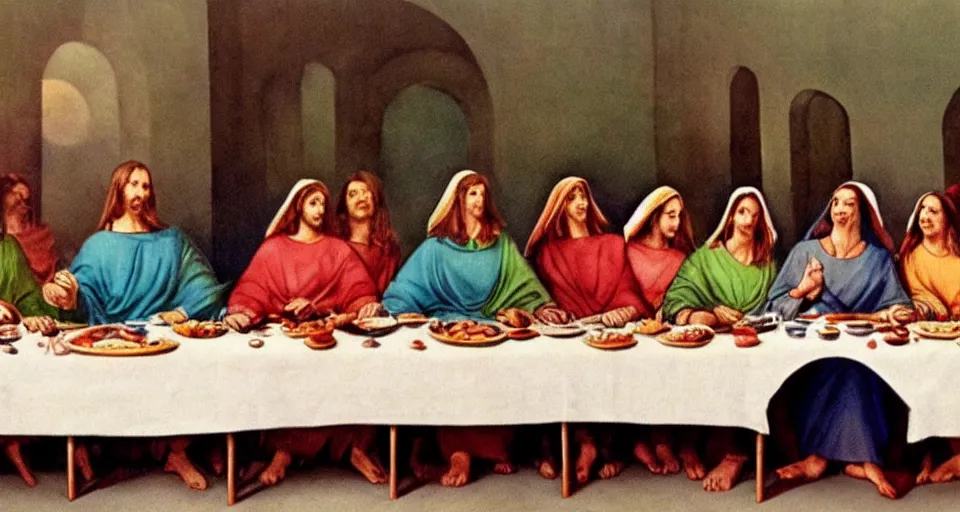 Image similar to 1 9 6 0 s women at the last supper, colorized