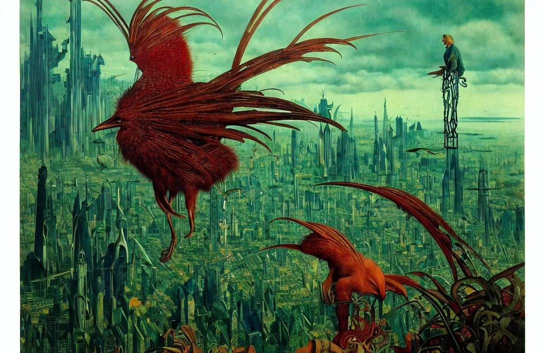 Image similar to realistic detailed portrait movie shot of a birdman wearing green leather coat, sci fi city landscape background by denis villeneuve, amano, yves tanguy, alphonse mucha, ernst haeckel, max ernst, roger dean, masterpiece, rich moody colours, blue eyes