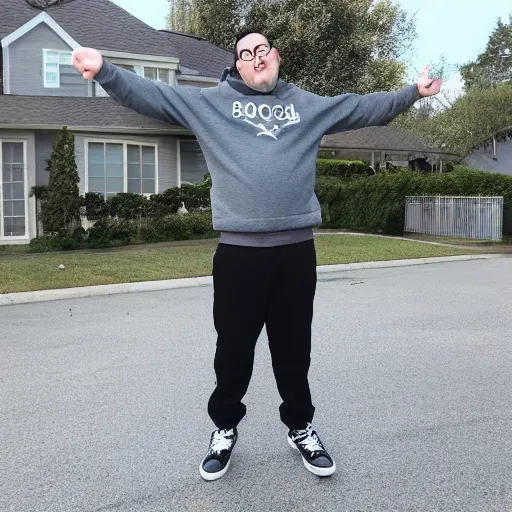 Image similar to Rocco Botte wearing gray sweatshirt and gray sweatpants and black/white Converse Chuck Taylor sneakers, standing in a T-pose on a suburban residential street