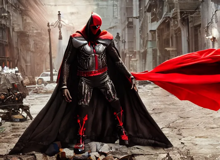 Image similar to film still of jamie foxx as spawn in the new spawn movie, giant chains, large cape, 8 k