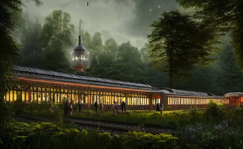 Image similar to exterior shot of utopian victorian train station on in the middle of an english garden with cinematic lighting by peter zumthor and renzo piano, darek zabrocki and greg ruthkowski, simon stalenhag, cinematic, holy place, paradise, scifi, futurism, atmospheric, concept art, artstation, trending on artstation