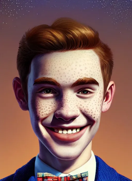 Image similar to portrait of teenage archie andrews, freckles, curly middle part haircut, curly hair, middle part hairstyle, smiling kindly, wearing a bowtie and sweater vest, intricate, elegant, glowing lights, highly detailed, digital painting, artstation, concept art, smooth, sharp focus, illustration, art by wlop, mars ravelo and greg rutkowski