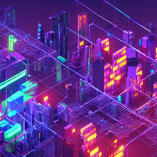 Image similar to 3 d render of glowing futuristic voxel blocks tied together with chains, cubes connected with wires, in the distance a cyberpunk blockchain city is seen, blockchain, symmetry, painted, intricate, volumetric lighting, beautiful, rich deep colors masterpiece, sharp focus, ultra detailed, in the style of dan mumford and marc simonetti