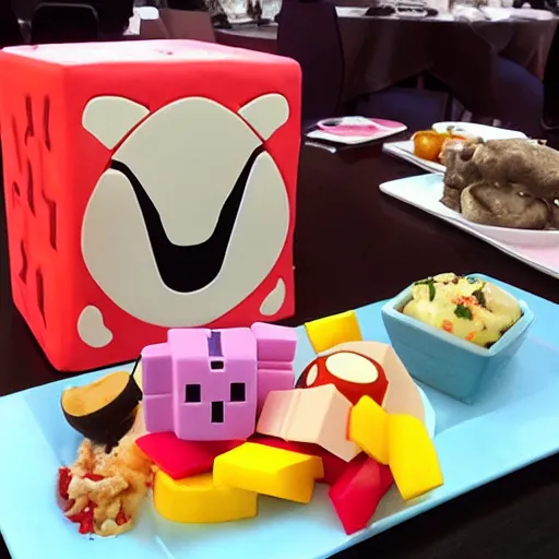 Prompt: kirby companion cube dinner