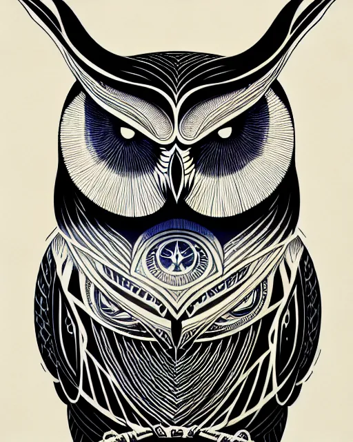 Image similar to side view of a majestic owl, high details, bold line art, by vincent di fate and joe fenton, inking, etching, screen print, masterpiece, trending on artstation, sharp, high contrast, hyper - detailed, hd, 4 k, 8 k
