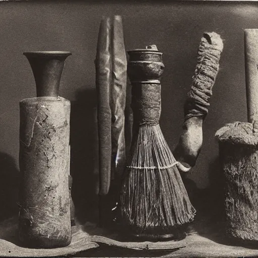 Image similar to Tintype photograph of primitive objects displayed in an ethnographic museum, archive material, anthropology, 1920s studio lighting.