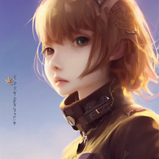 Prompt: girl with uniform and metal wings, serious, finely detailed, made by wlop, artgerm, ross tran, gediminas pranckevicius, full body portrait, illustration, grass, sunny, sky, anime, front view, perfect anime face, detailed face, zoomed out, smooth,