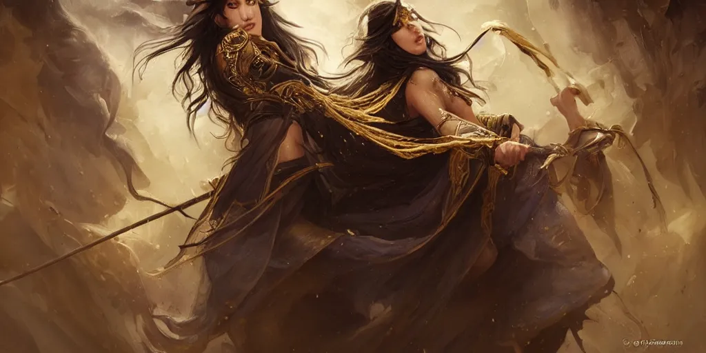 Image similar to a young beautiful priestess with long black hair weavering golden string of magic, barroque painting, ultra realistic. cinematic, dynamic. magic the gathering style. epic fantasy, insanely detailed, 4k, rpg character reference. gourgeous.