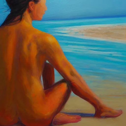 Image similar to freckled woman meditating on beach in caribbean, oil on canvas