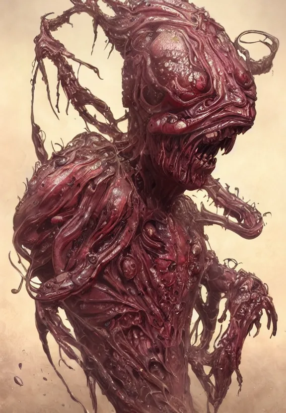 Image similar to portrait of a bloodied ornate filigreed slime dripping genderless insect alien monster, muscles, rippling, space warping and twisting, ultra realistic, concept art, intricate details, eerie, highly detailed, photorealistic, octane render, 8 k, unreal engine. art by artgerm and greg rutkowski and alphonse mucha